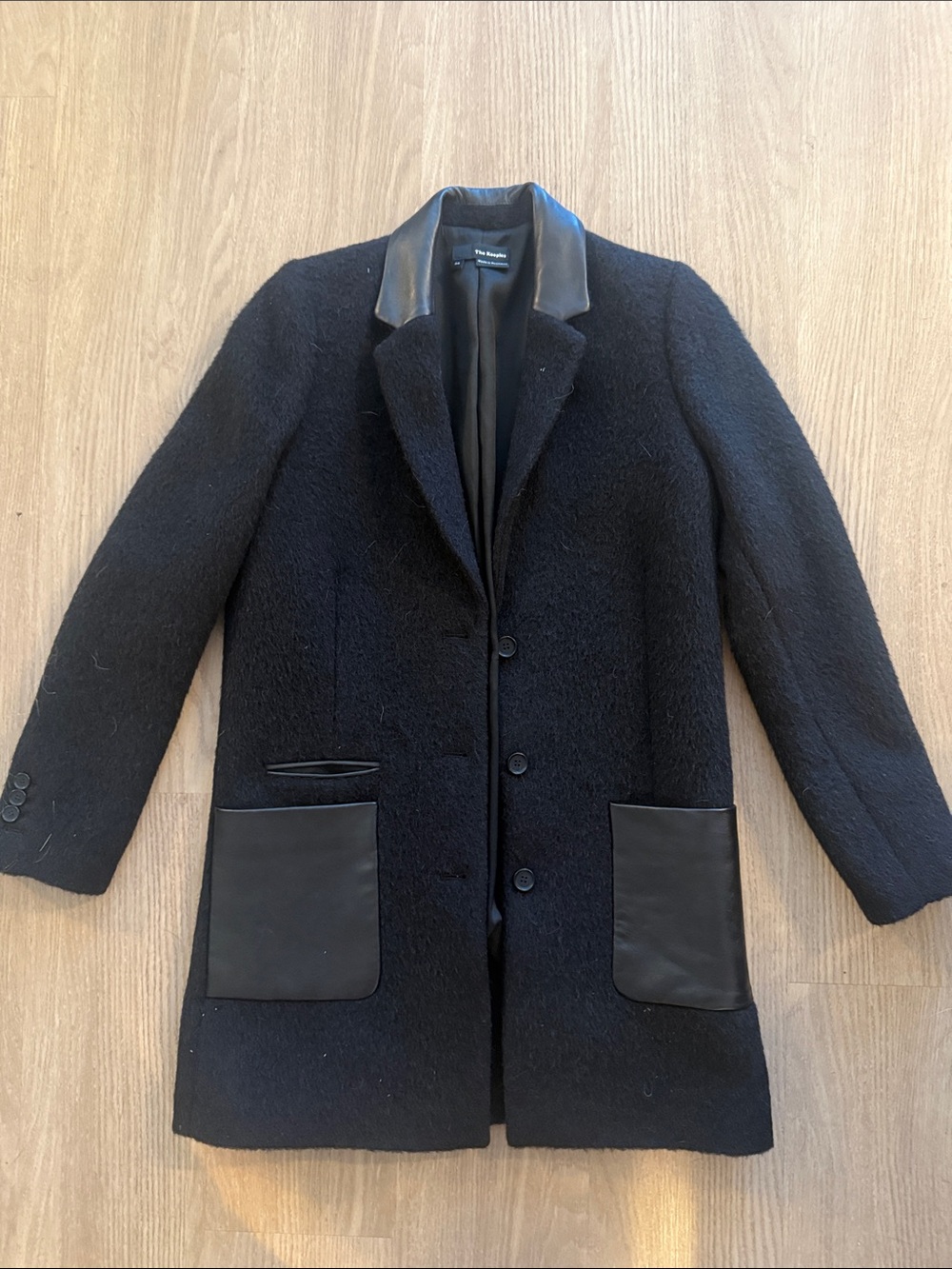 The Kooples Black Wool-Blend Pea Coat with Leather Trim Pockets
